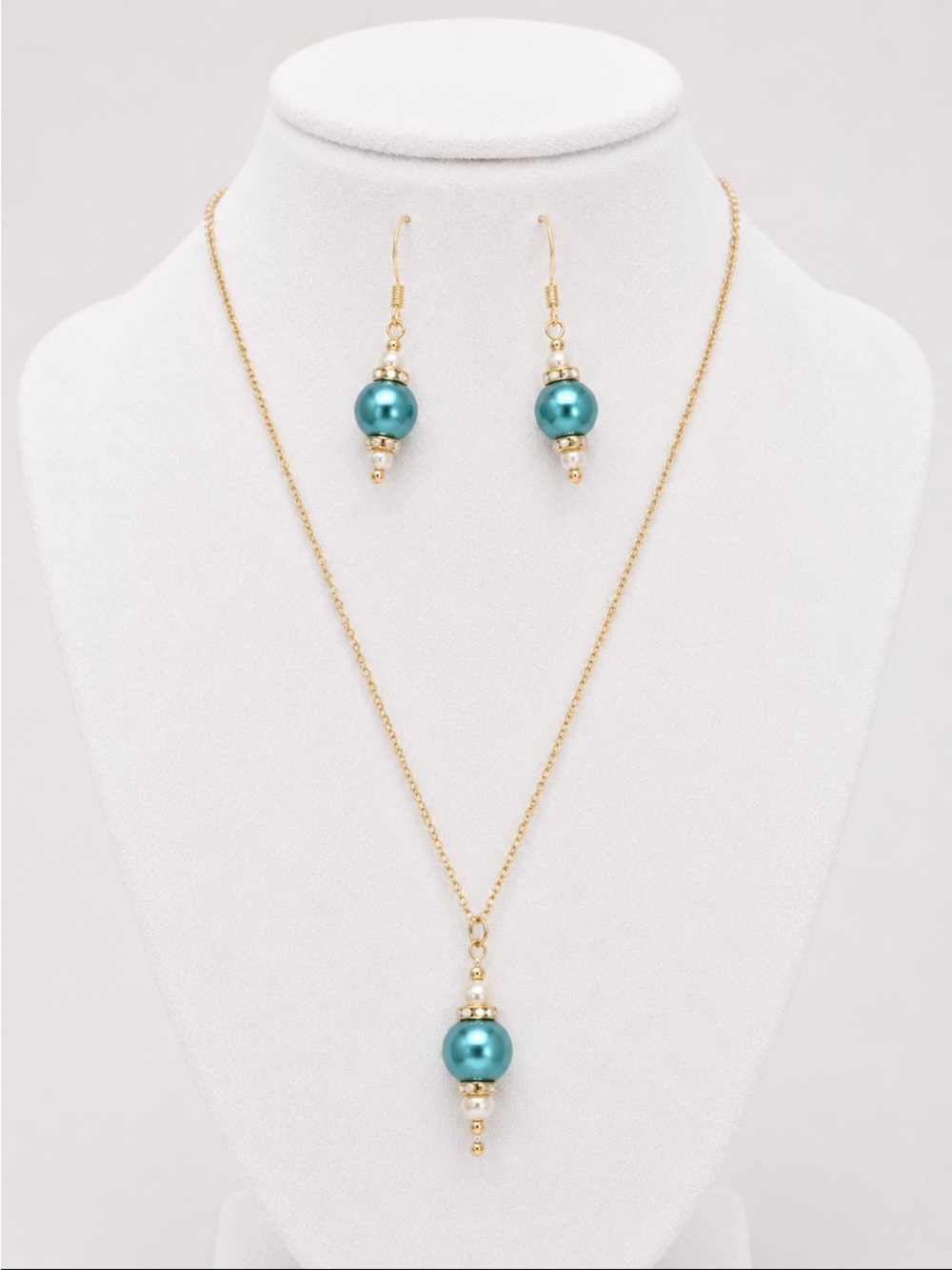 Turquoise Blue Pearl & Rhinestone Gold-Tone Necklace and Earrings Set